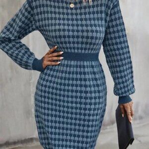 MODA ME COUTURE Sweater Dress Polyester Houndstooth Quiet Luxury L Blue